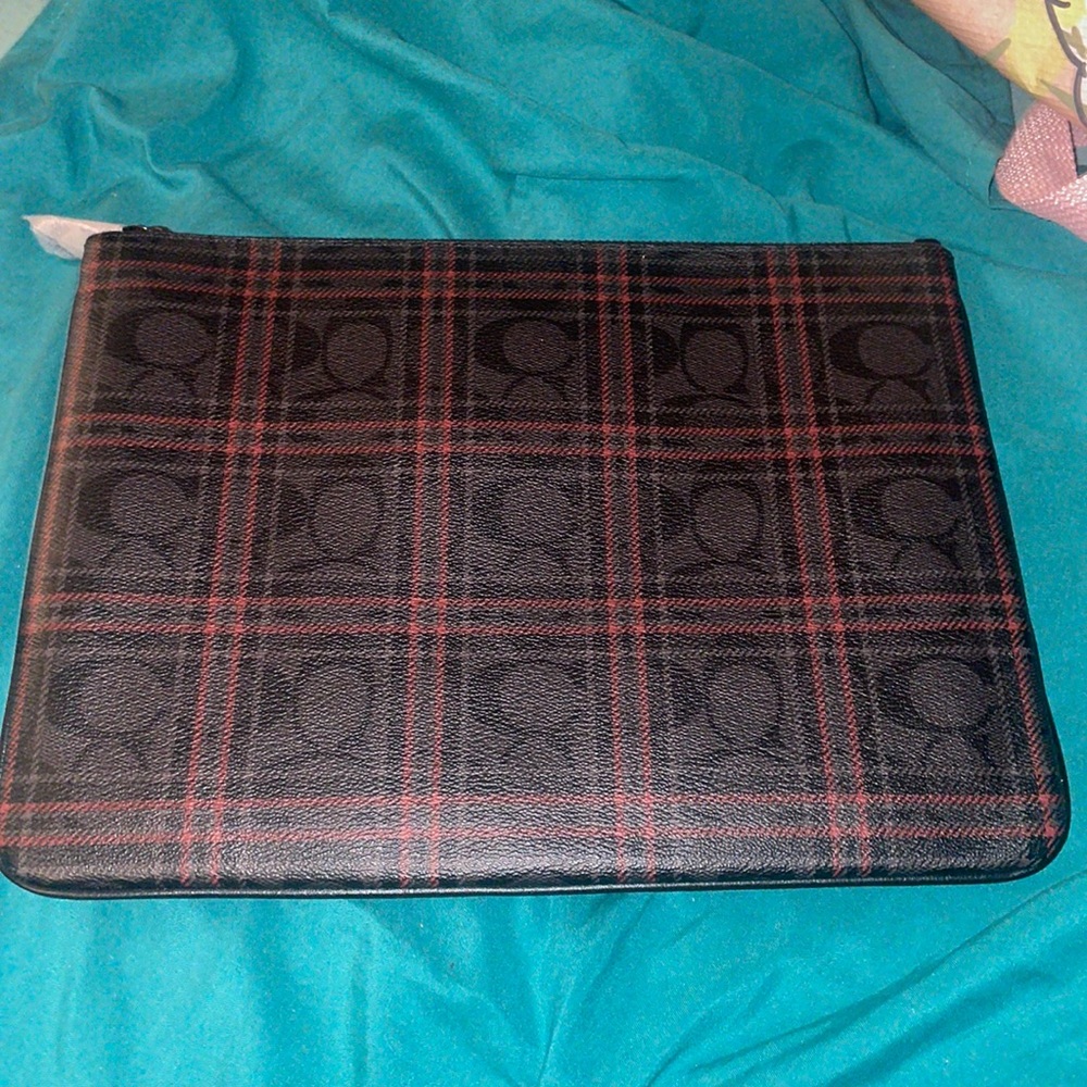 Coach Leather Plaid Signature Brown and Burgundy Pouch, computer case NWT